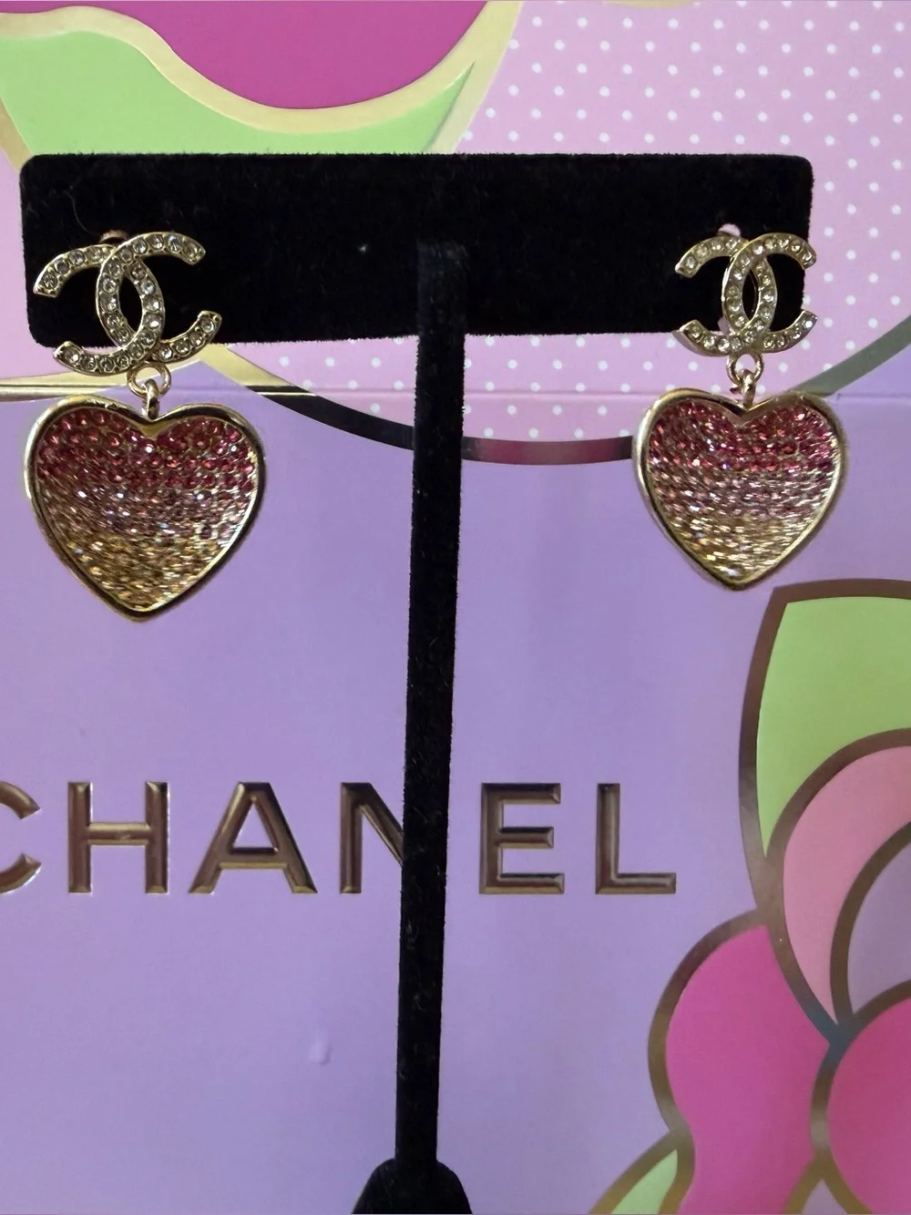 Chanel Gold and Pink Heart drop earrings